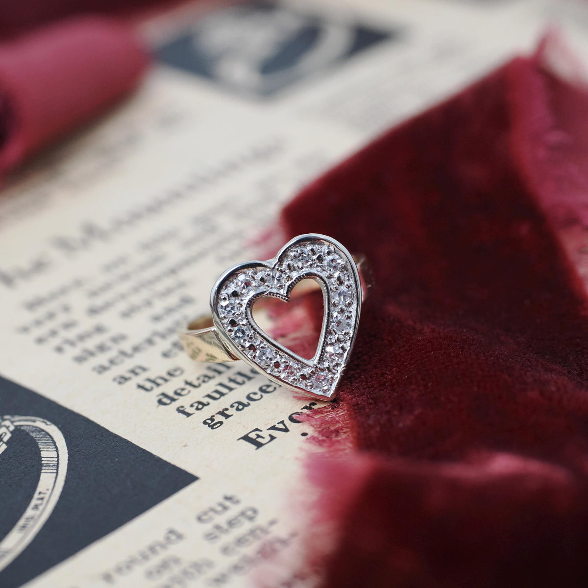 Diamond Heart Ring - Mid Century 14k Yellow & White Gold Sweetheart Promise Love - Vintage Circa 1950s Era Size 4 3/4 Statement Fine Jewelry