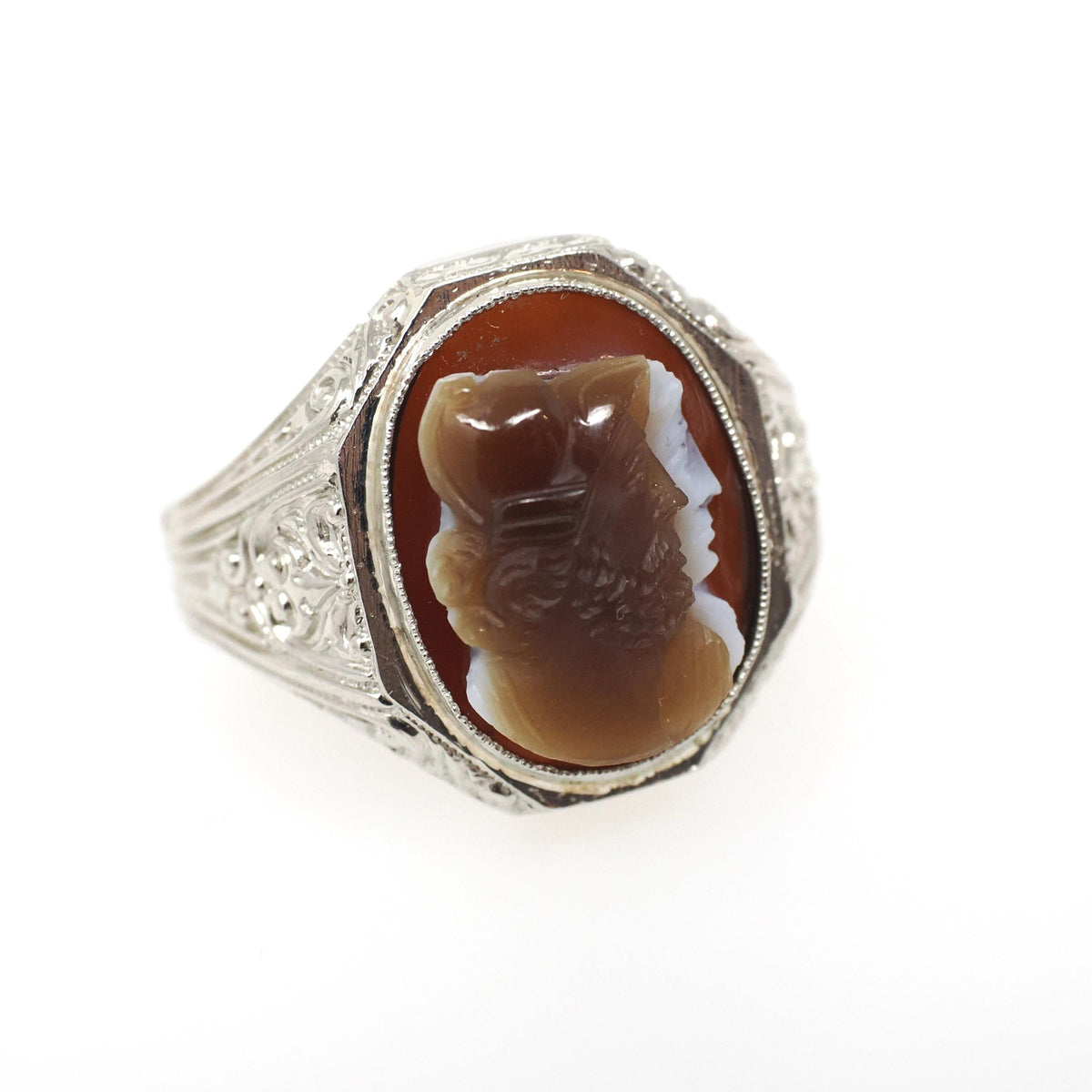 Art Deco Ring - Vintage 14k White Gold Double Cameo Brown White Natural Sardonyx - Circa 1930s Size 9 1/4 Helen & Paris Of Troy Fine Jewelry