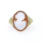 Vintage Cameo Ring - Retro 10k Yellow Gold Diamond Oval Carved Shell - Circa 1940s Era Size 8 Woman Portrait Fine Floral Statement Jewelry
