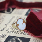 Vintage Cameo Ring - Retro 10k Yellow Gold Diamond Oval Carved Shell - Circa 1940s Era Size 8 Woman Portrait Fine Floral Statement Jewelry