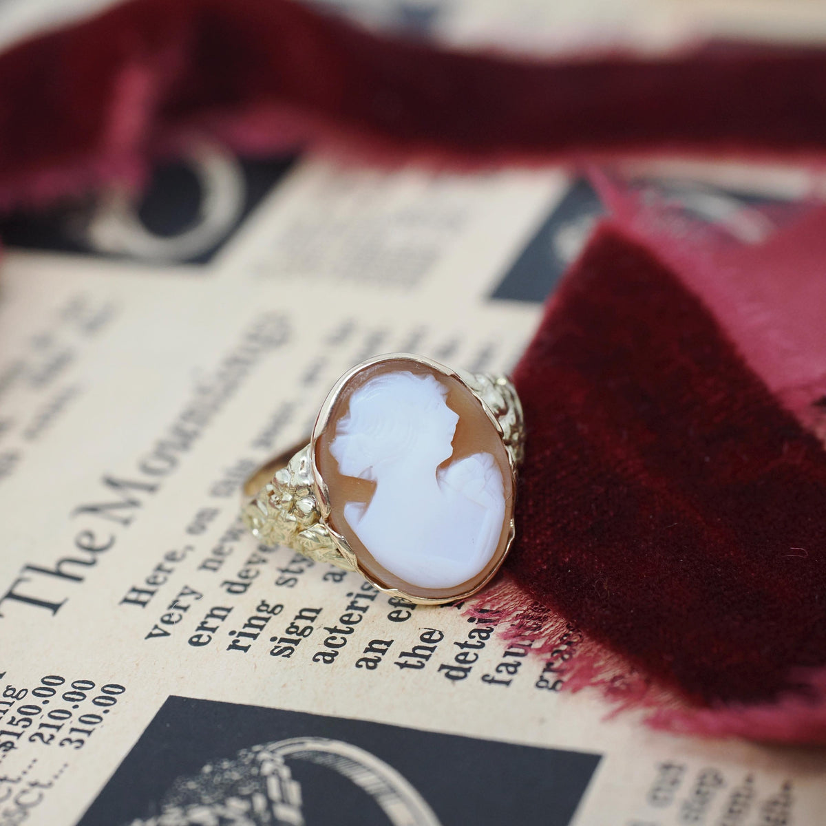 Vintage Cameo Ring - Retro 10k Yellow Gold Diamond Oval Carved Shell - Circa 1940s Era Size 8 Woman Portrait Fine Floral Statement Jewelry