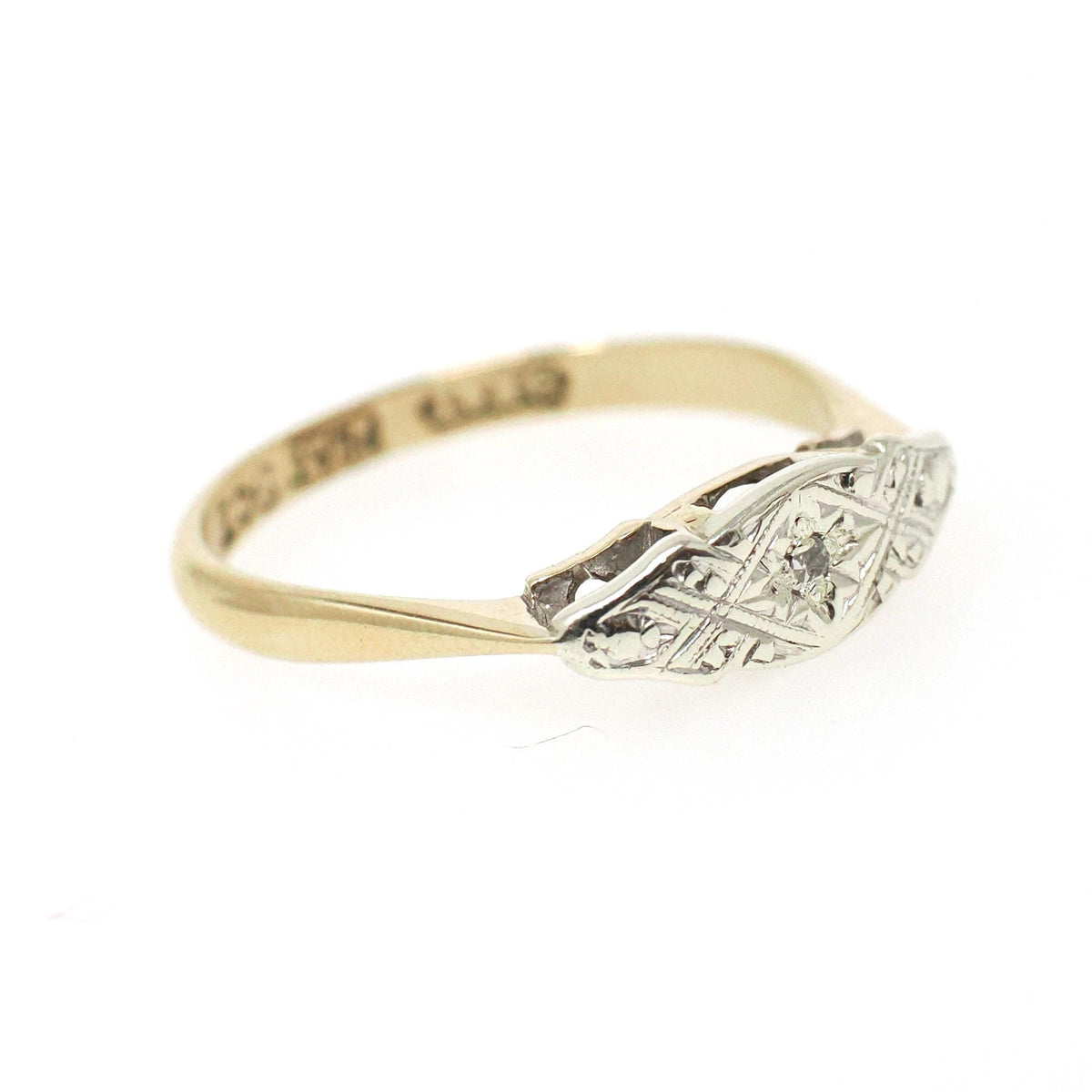 Art Deco Ring - Antique 9k Yellow Gold & Platinum Star Incised Diamond Band - Circa 1920s Era Size 5 East West Eye Fine Two Tone Jewelry