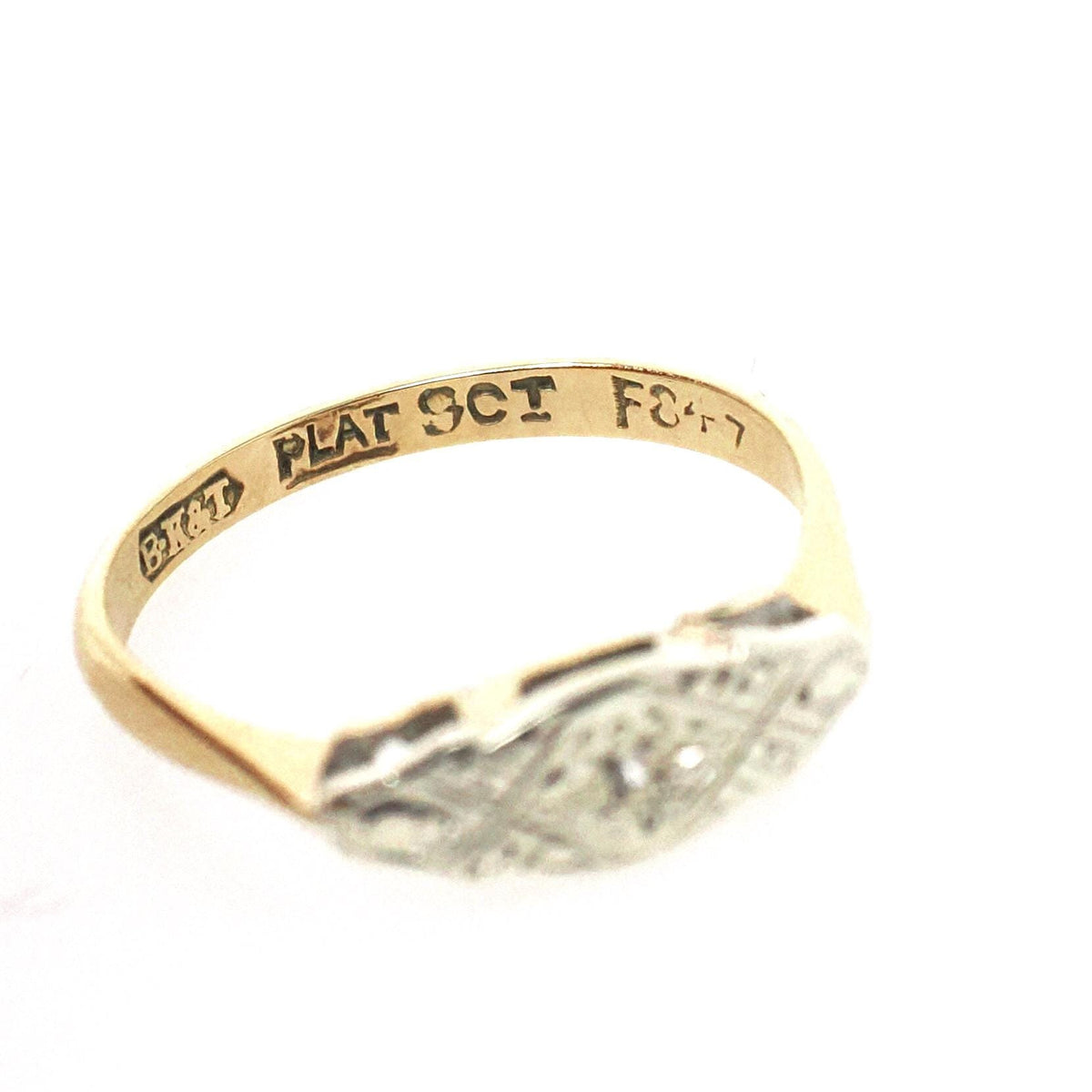 Art Deco Ring - Antique 9k Yellow Gold & Platinum Star Incised Diamond Band - Circa 1920s Era Size 5 East West Eye Fine Two Tone Jewelry