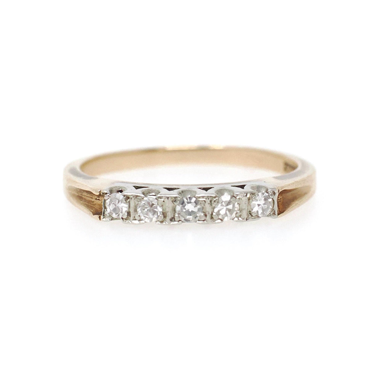 Diamond Wedding Band - Mid Century 14k Yellow & White Gold Illusion Gem Ring - Circa 1950s Era Size 6 1/4 Fine Two Tone Bridal Band Jewelry