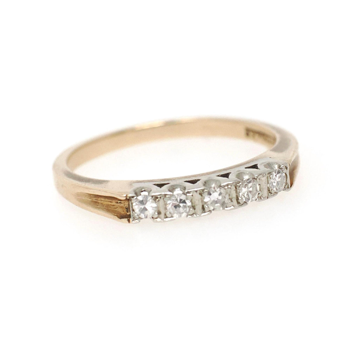 Diamond Wedding Band - Mid Century 14k Yellow & White Gold Illusion Gem Ring - Circa 1950s Era Size 6 1/4 Fine Two Tone Bridal Band Jewelry