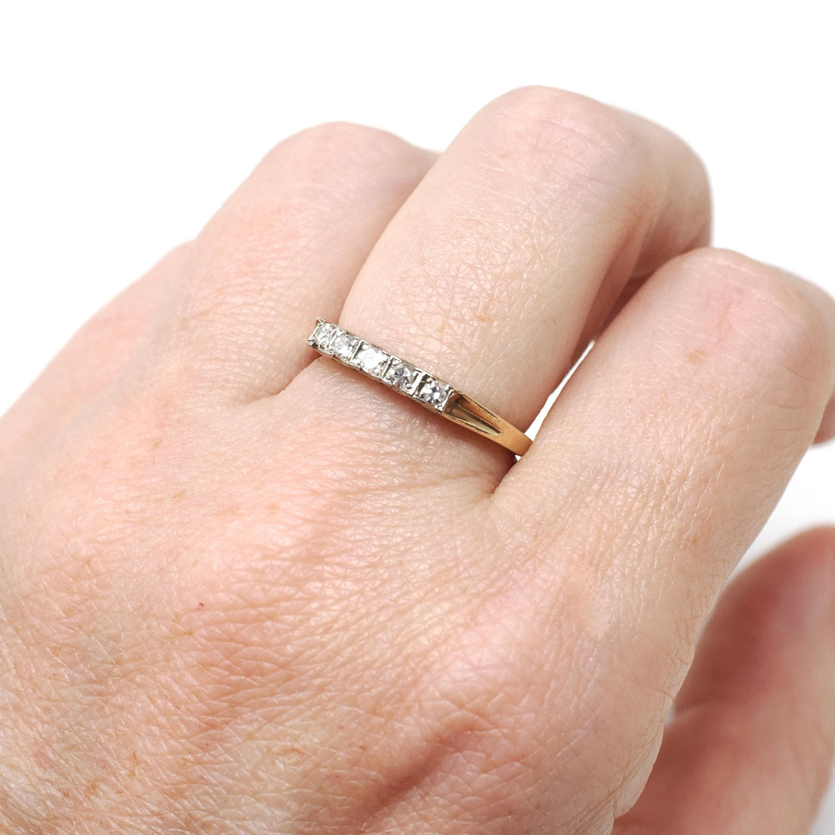Diamond Wedding Band - Mid Century 14k Yellow & White Gold Illusion Gem Ring - Circa 1950s Era Size 6 1/4 Fine Two Tone Bridal Band Jewelry