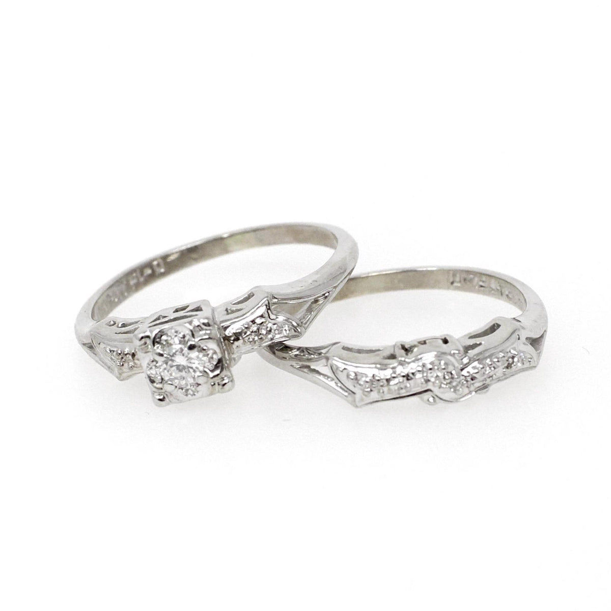Vintage Wedding Set - Mid Century 14k White Gold Natural Diamonds Matching Engagement Ring & Band - Circa 1950s Size 7.5 Bridal Fine Jewelry