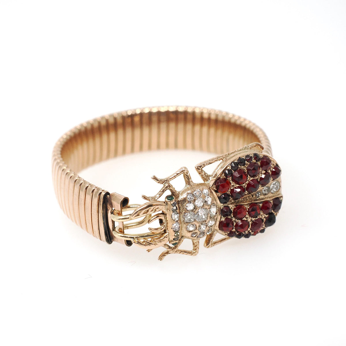 Vintage Beetle Bracelet - Victorian 14k Bug & Mid Century 10k Gold Filled Expansion Link Statement - Diamond Garnet Insect Fine Jewelry