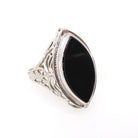 Onyx Navette Ring - Art Deco 14k White Gold Natural Black Chalcedony Flat Top Marquise Gemstone - Circa 1930s Era Size 5 Fine Jewelry