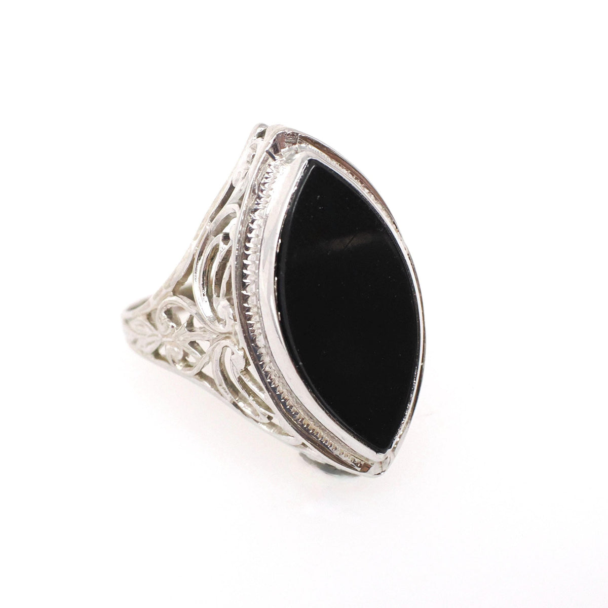 Onyx Navette Ring - Art Deco 14k White Gold Natural Black Chalcedony Flat Top Marquise Gemstone - Circa 1930s Era Size 5 Fine Jewelry