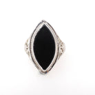 Onyx Navette Ring - Art Deco 14k White Gold Natural Black Chalcedony Flat Top Marquise Gemstone - Circa 1930s Era Size 5 Fine Jewelry