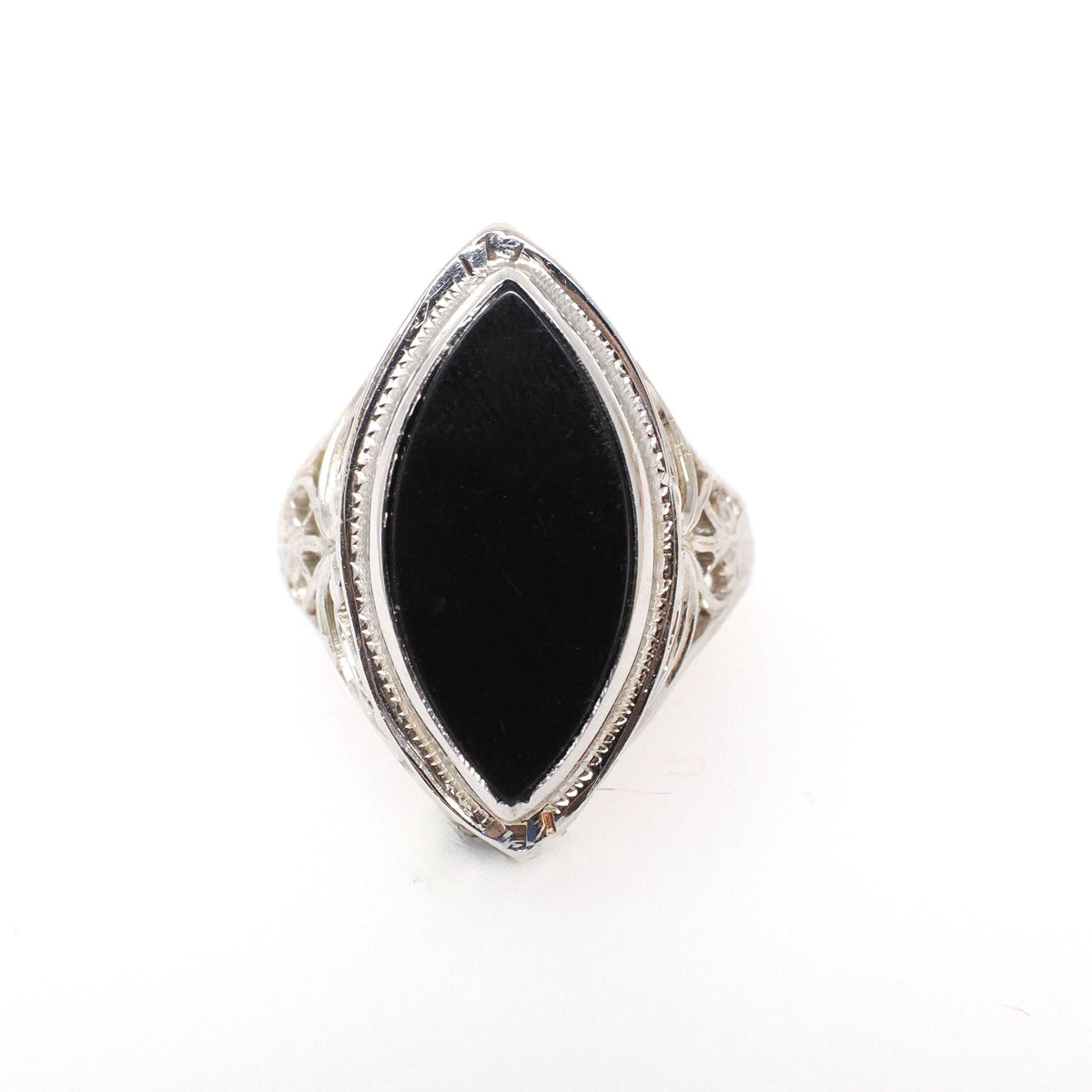 Onyx Navette Ring - Art Deco 14k White Gold Natural Black Chalcedony Flat Top Marquise Gemstone - Circa 1930s Era Size 5 Fine Jewelry