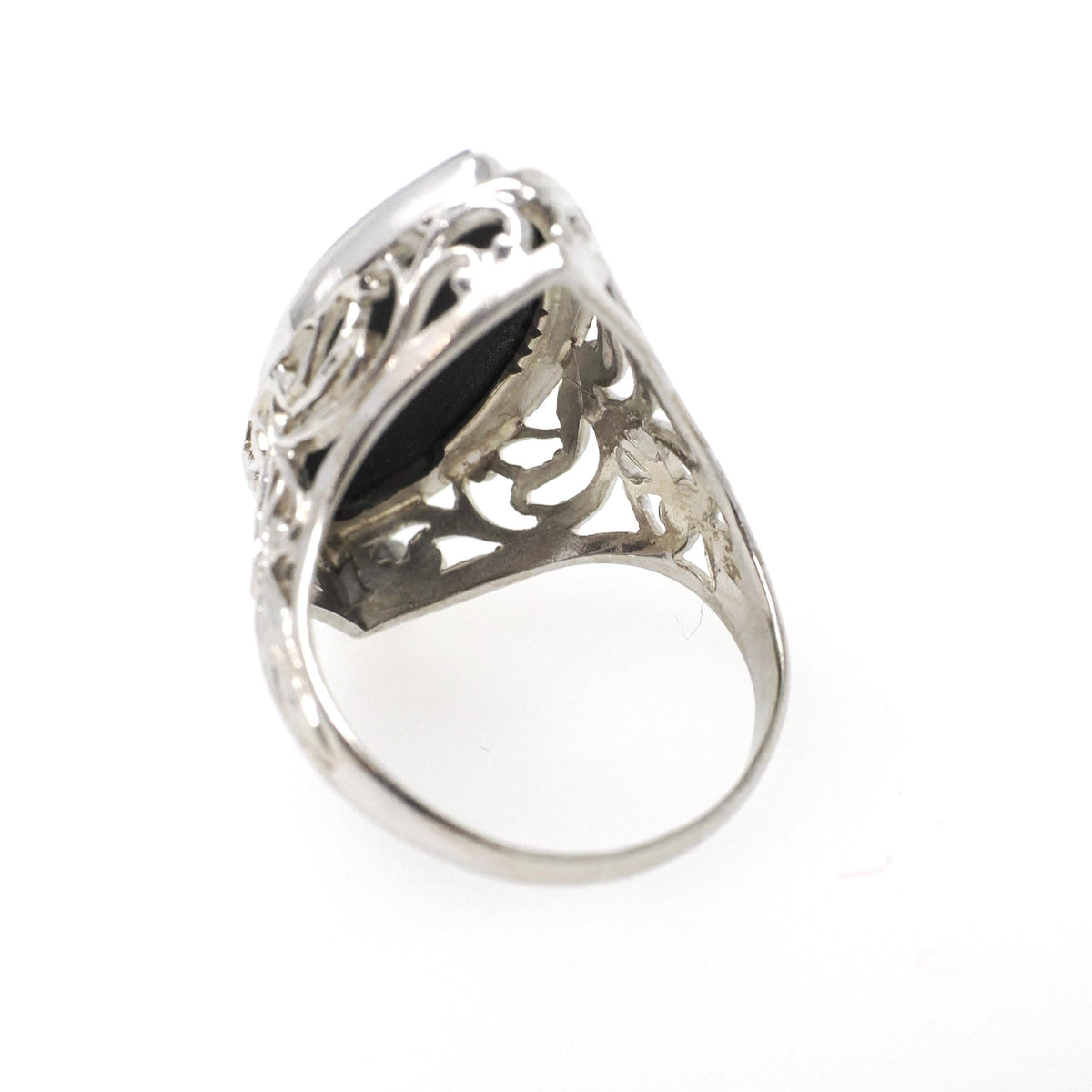 Onyx Navette Ring - Art Deco 14k White Gold Natural Black Chalcedony Flat Top Marquise Gemstone - Circa 1930s Era Size 5 Fine Jewelry