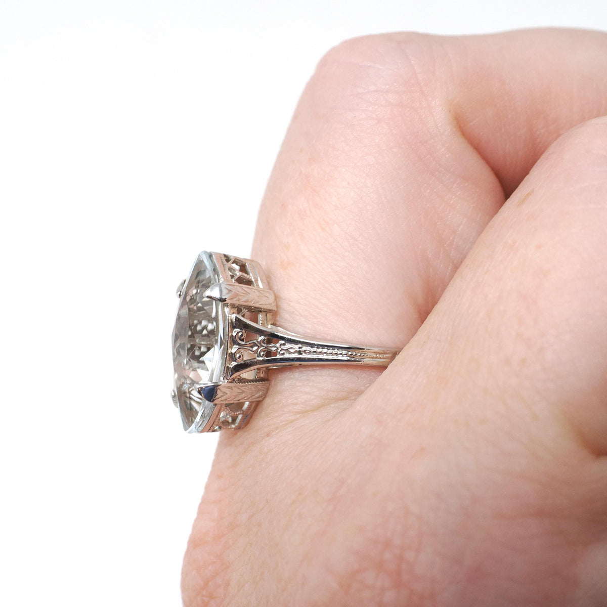 Vintage Aquamarine Ring - Art Deco 14k White Gold Light Blue Marquise Gem Engagement - Circa 1930s Era Size 7 March Birthstone Fine Jewelry