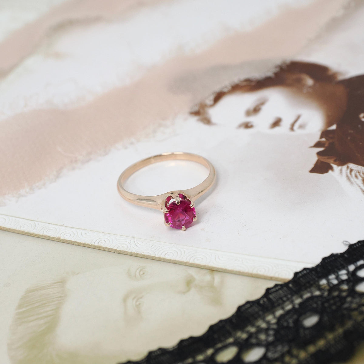 Ruby Solitaire Ring - Retro 10k Yellow Gold Round Faceted .92 CT Red Stone - Circa 1940s Size 7 July Birthstone OB Solitaire Fine Jewelry
