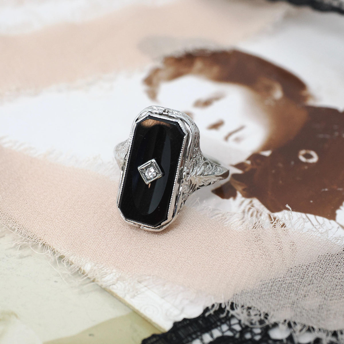Vintage Flip Ring - Art Deco 14k White Gold Two Sided Shell Cameo Black Onyx Natural Diamond - Circa 1930s Size 6 1/2 Filigree Fine Jewelry