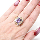 Vintage Amethyst Ring - Retro 10k Yellow Gold & Silver Purple Gem Flower Two Tone Halo - Circa 1940s Era Size 6.25 Cocktail Fine Jewelry