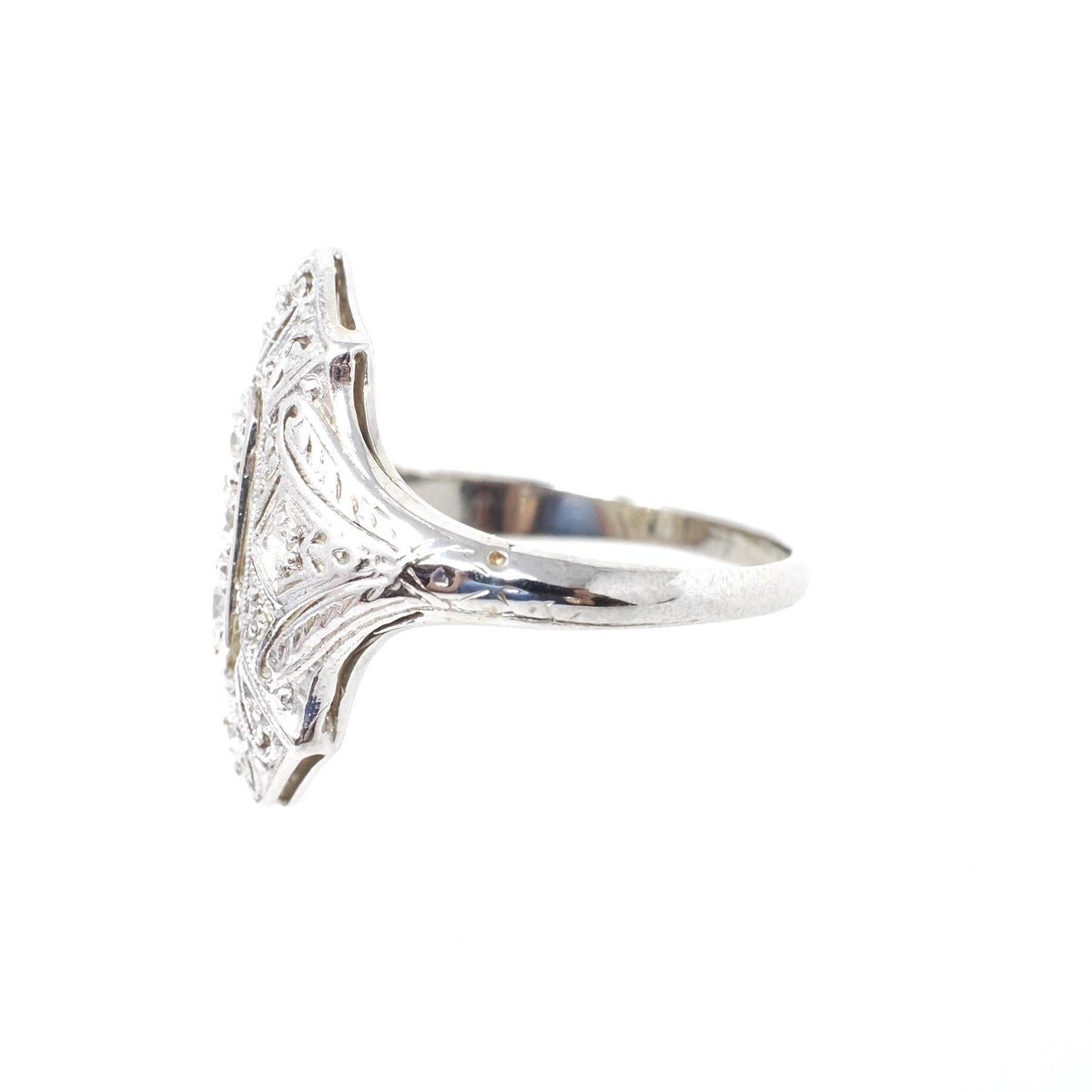 Antique Shield Ring - Art Deco 18k White Gold Platinum .32 CTW Diamond Filigree Statement - Circa 1920s Era Size 6 1/4 Cocktail Fine Jewelry