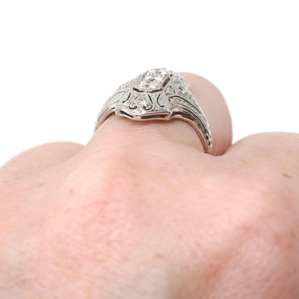 Antique Shield Ring - Art Deco 18k White Gold Platinum .32 CTW Diamond Filigree Statement - Circa 1920s Era Size 6 1/4 Cocktail Fine Jewelry