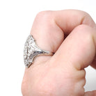 Antique Shield Ring - Art Deco 18k White Gold Platinum .32 CTW Diamond Filigree Statement - Circa 1920s Era Size 6 1/4 Cocktail Fine Jewelry