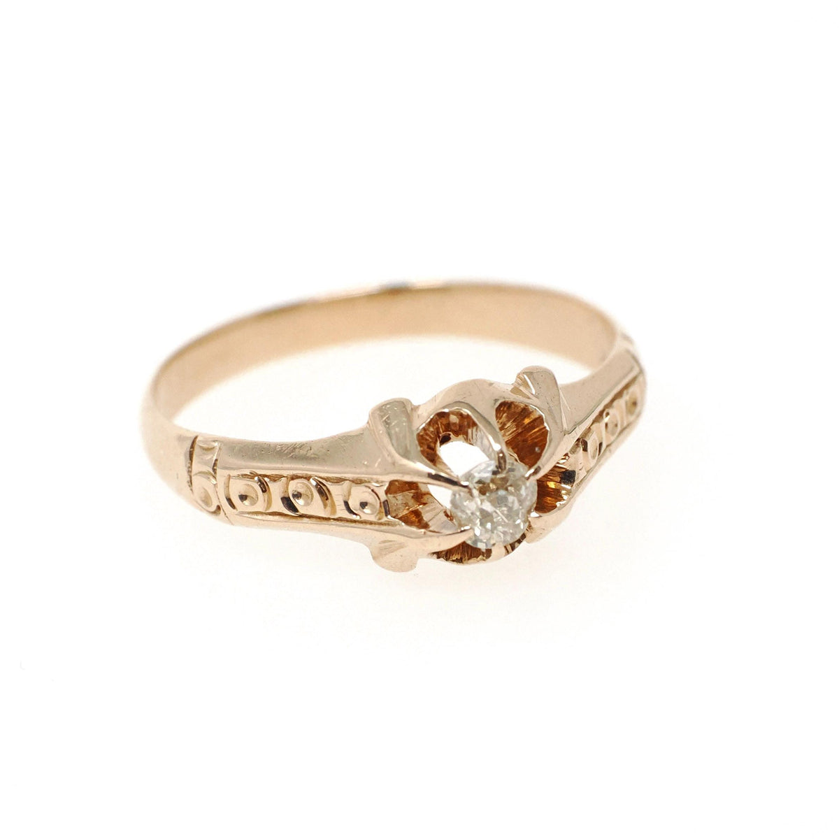 Antique Diamond Ring - Edwardian 14k Yellow Gold .15 CT Old Mine Cut Belcher Engagement Solitaire - Circa 1910s Size 6.75 Fine Jewelry