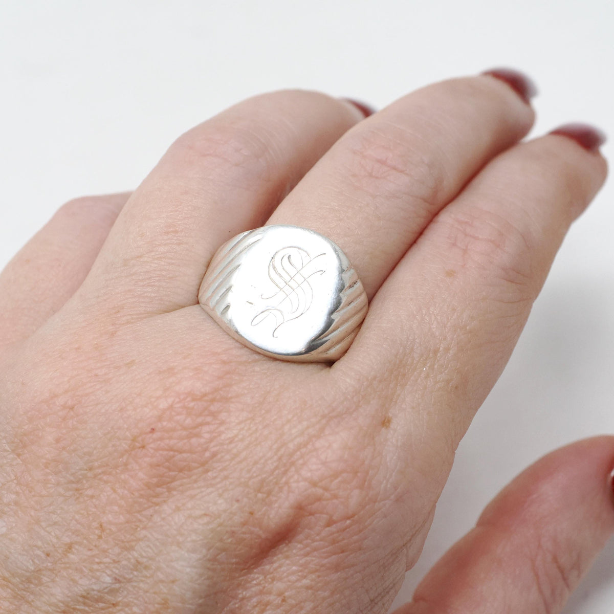 Mid Century "S" Signet Ring - Vintage Sterling Silver Oval Letter Shield Statement - Circa 1950s Era Size 9 Tapered Vargas Fine Jewelry