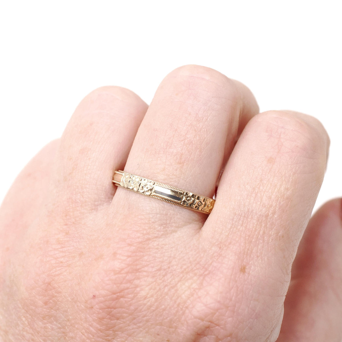 Vintage Flower Band - Art Deco 10k Yellow Gold Floral Eternity Design Wedding Ring - Circa 1930s Size 12 Nature Pattern 3.35 MM Fine Jewelry