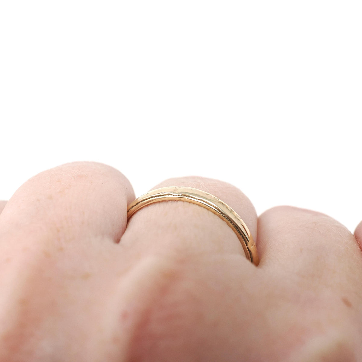 Vintage Eternity Band - Art Deco 14k Yellow Gold 3.0 mm Orange Blossom Milgrain Engraved Ring - Circa 1930s Size 9 3/4 Fine Bridal Jewelry