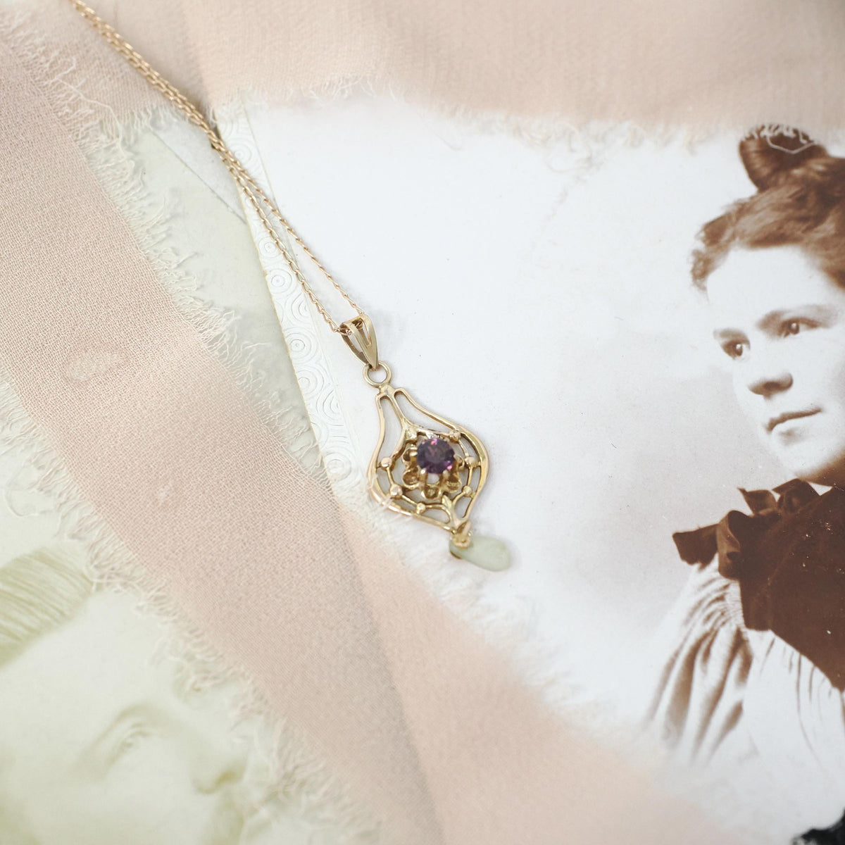 Vintage Lavalier Necklace - Edwardian 10k Yellow Gold Pearl Pendant Charm - Antique Circa 1910s Era Purple Garnet Glass Doublet Fine Jewelry