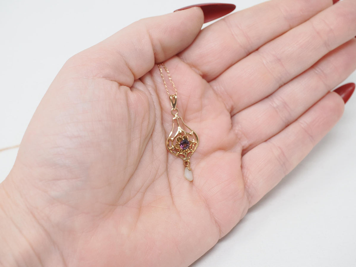 Vintage Lavalier Necklace - Edwardian 10k Yellow Gold Pearl Pendant Charm - Antique Circa 1910s Era Purple Garnet Glass Doublet Fine Jewelry