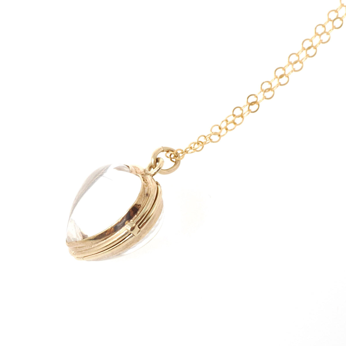 Edwardian Heart Locket - Antique 14k Yellow Gold Clear Glass Fob Pendant Necklace - Circa 1900s Era Memory Keepsake Fine Statement Jewelry