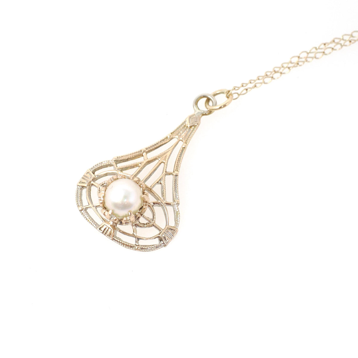 Antique Lavalier Pendant - Art Deco 9k Yellow Gold Organic Akoya Cultured 5MM Pearl Necklace - Circa 1920s Era Fine June Birthstone Jewelry