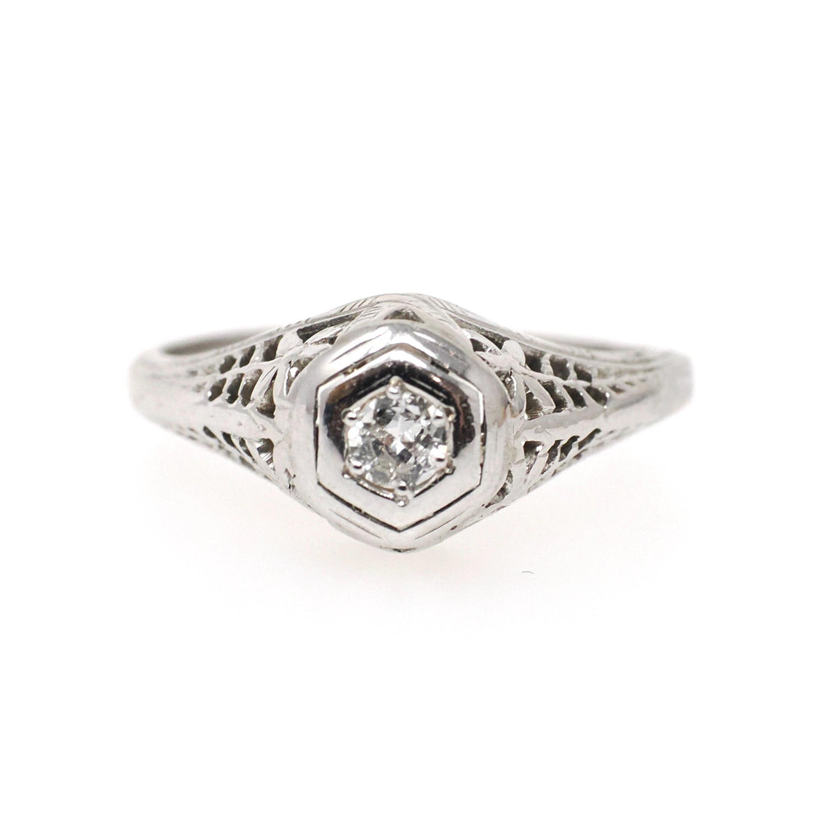 Vintage Diamond Ring - Art Deco 18k White Gold Natural .10 CT Transitional Brilliant Hex Engagement - Circa 1930s Size 5 Fine Bridal Jewelry
