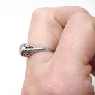 Vintage Diamond Ring - Art Deco 18k White Gold Natural .10 CT Transitional Brilliant Hex Engagement - Circa 1930s Size 5 Fine Bridal Jewelry