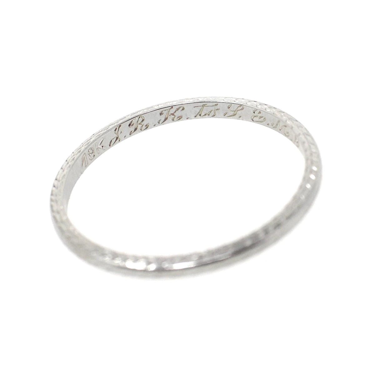 Art Deco Wedding Ring - Vintage 18k White Gold Eternity Engraved Band - Dated 1935 JRK SEM Initials Size 5.5 Stacking Bridal Fine Jewelry