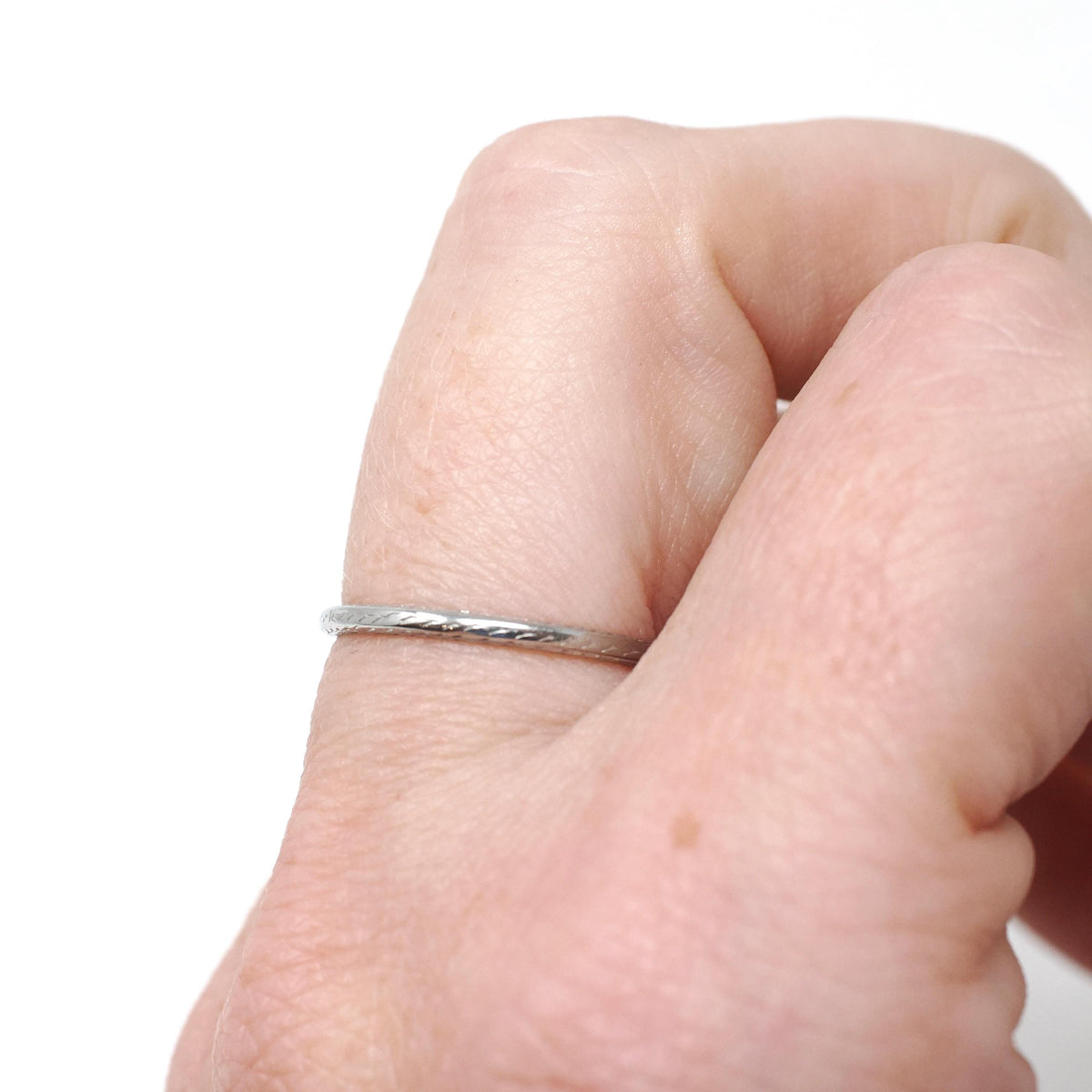 Art Deco Wedding Ring - Vintage 18k White Gold Eternity Engraved Band - Dated 1935 JRK SEM Initials Size 5.5 Stacking Bridal Fine Jewelry