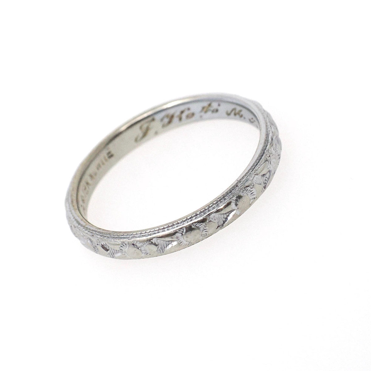 Art Deco Wedding Band - Antique 18k White Gold Orange Blossom 2.9 MM Eternity Ring - Circa 1920s Era Size 6 3/4 Engraved Bridal Fine Jewelry