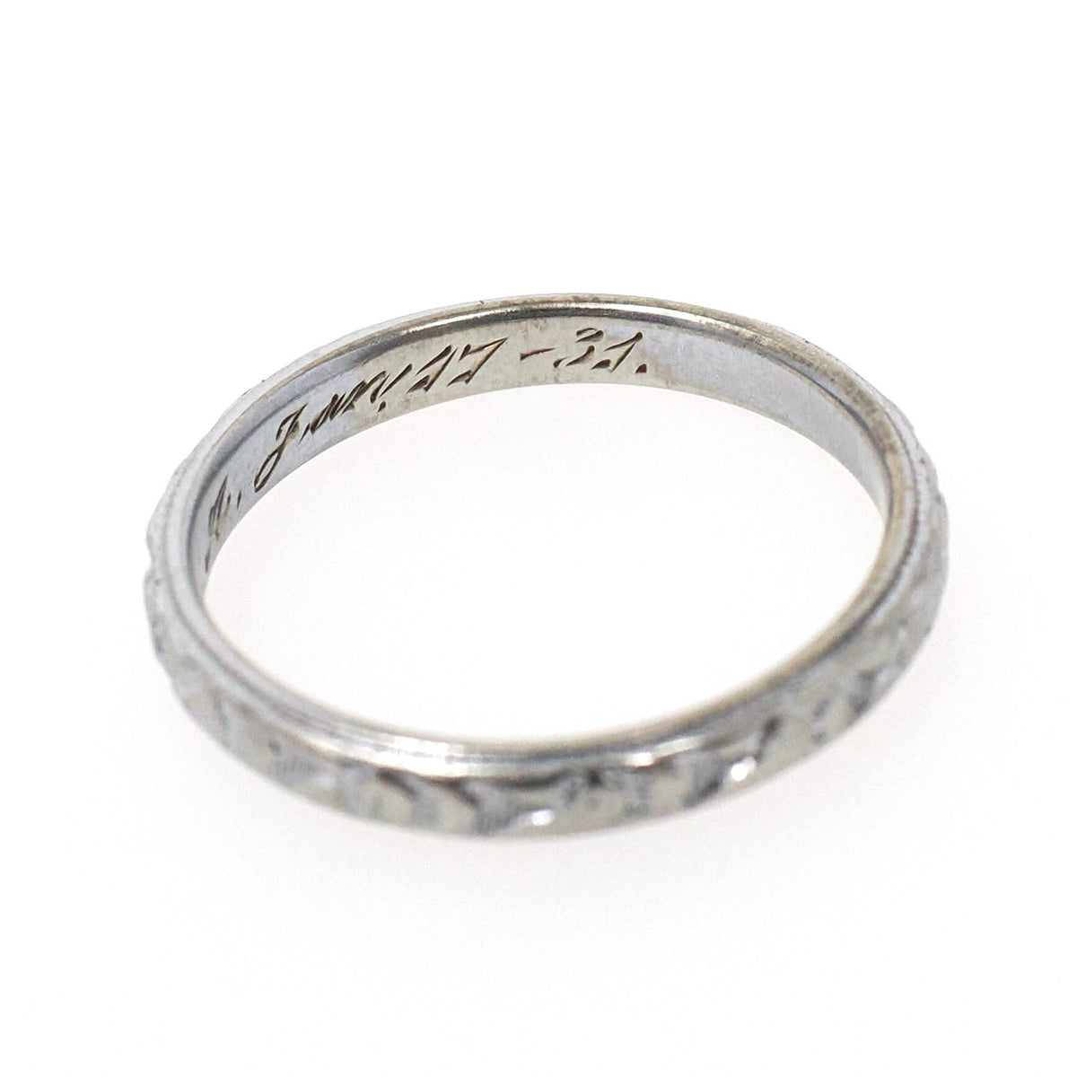 Art Deco Wedding Band - Antique 18k White Gold Orange Blossom 2.9 MM Eternity Ring - Circa 1920s Era Size 6 3/4 Engraved Bridal Fine Jewelry