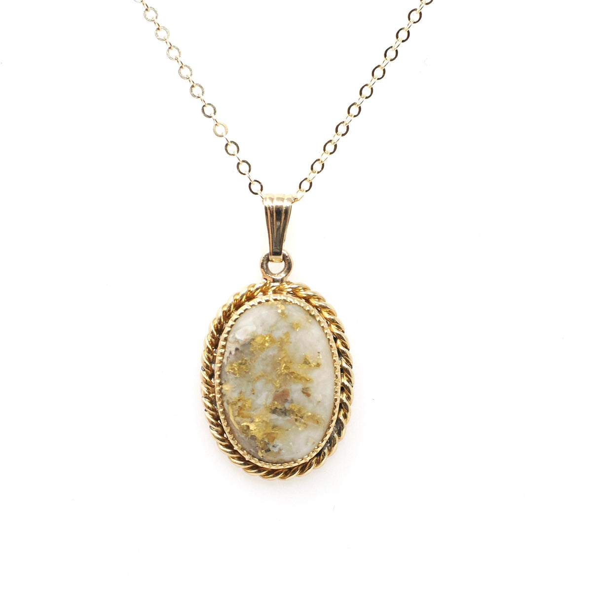 Gold in Quartz Pendant - Contemporary 14k Yellow Gold Oval Gemstone Charm Necklace - Estate Circa 1990s Era Twisted Rope Halo Fine Jewelry