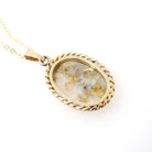 Gold in Quartz Pendant - Contemporary 14k Yellow Gold Oval Gemstone Charm Necklace - Estate Circa 1990s Era Twisted Rope Halo Fine Jewelry