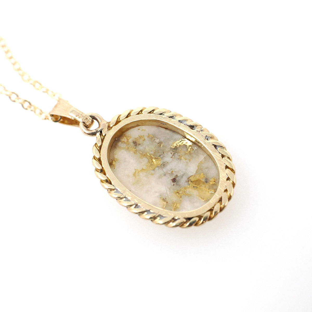 Gold in Quartz Pendant - Contemporary 14k Yellow Gold Oval Gemstone Charm Necklace - Estate Circa 1990s Era Twisted Rope Halo Fine Jewelry