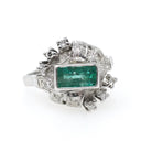 Emerald Bypass Ring - Vintage 18k White Gold Handmade Natural Green Gem & Diamonds Halo - Circa 1960s Size 8 1/2 Fine May Birthstone Jewelry