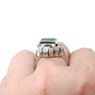 Emerald Bypass Ring - Vintage 18k White Gold Handmade Natural Green Gem & Diamonds Halo - Circa 1960s Size 8 1/2 Fine May Birthstone Jewelry
