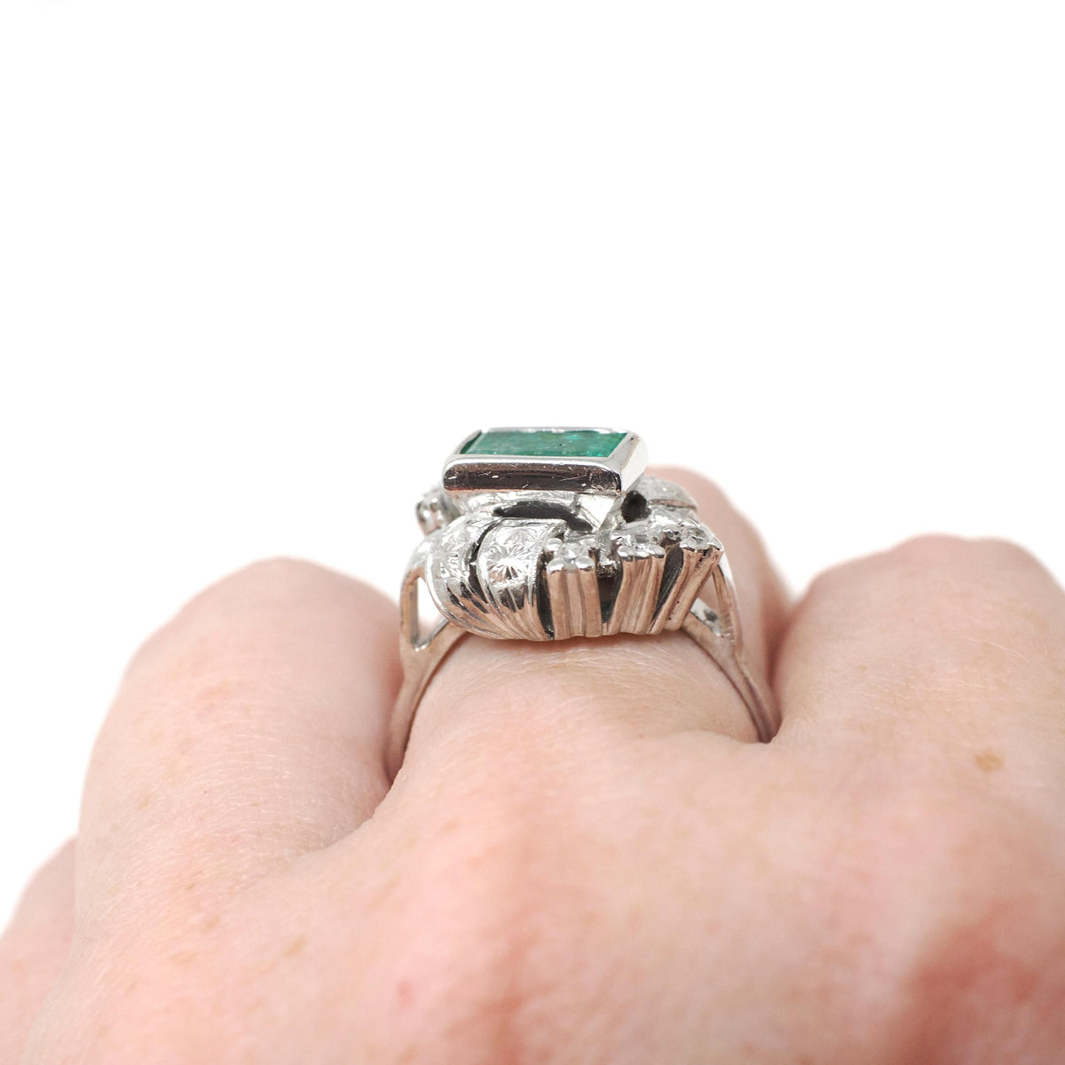 Emerald Bypass Ring - Vintage 18k White Gold Handmade Natural Green Gem & Diamonds Halo - Circa 1960s Size 8 1/2 Fine May Birthstone Jewelry