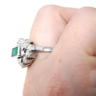Emerald Bypass Ring - Vintage 18k White Gold Handmade Natural Green Gem & Diamonds Halo - Circa 1960s Size 8 1/2 Fine May Birthstone Jewelry