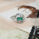 Emerald Bypass Ring - Vintage 18k White Gold Handmade Natural Green Gem & Diamonds Halo - Circa 1960s Size 8 1/2 Fine May Birthstone Jewelry