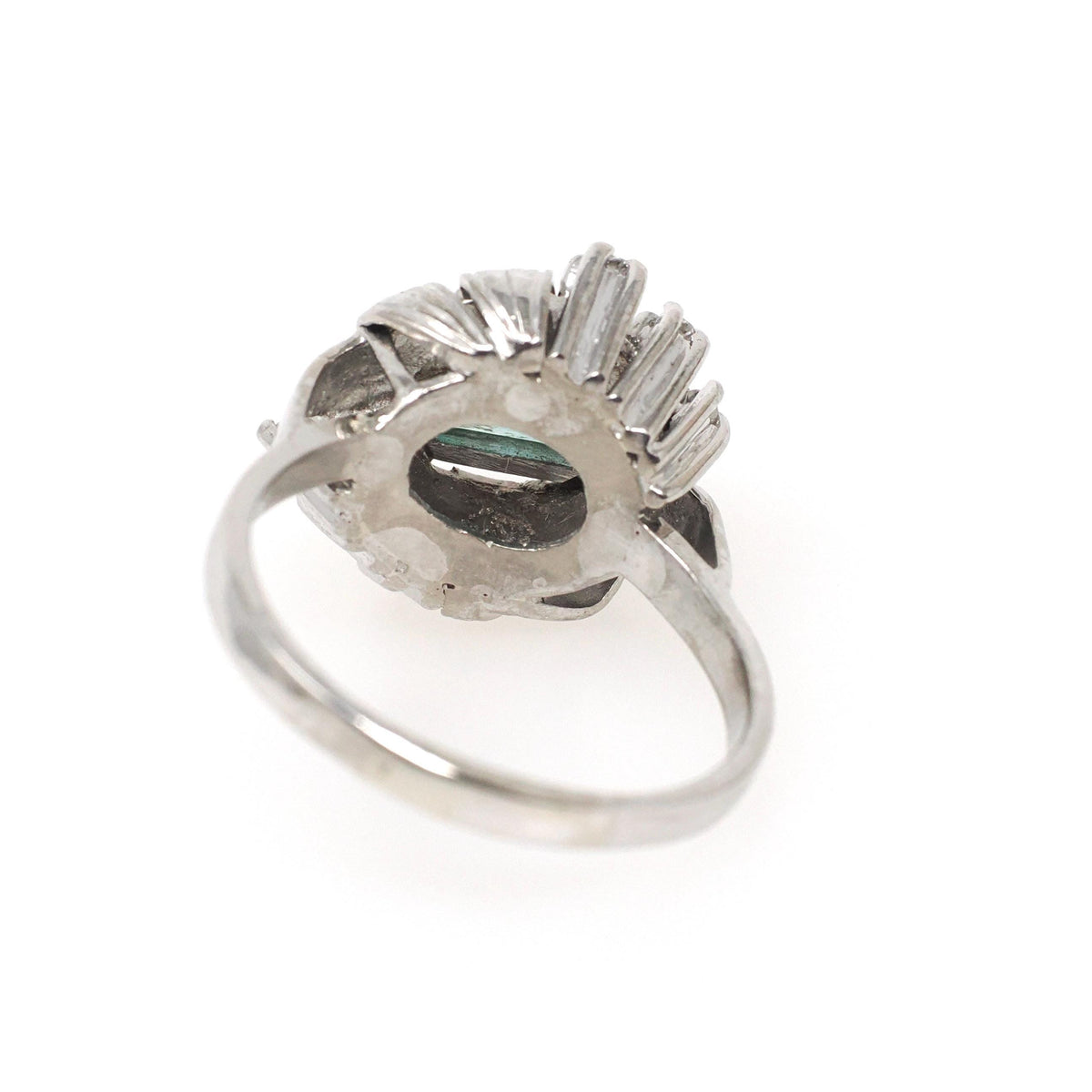 Emerald Bypass Ring - Vintage 18k White Gold Handmade Natural Green Gem & Diamonds Halo - Circa 1960s Size 8 1/2 Fine May Birthstone Jewelry