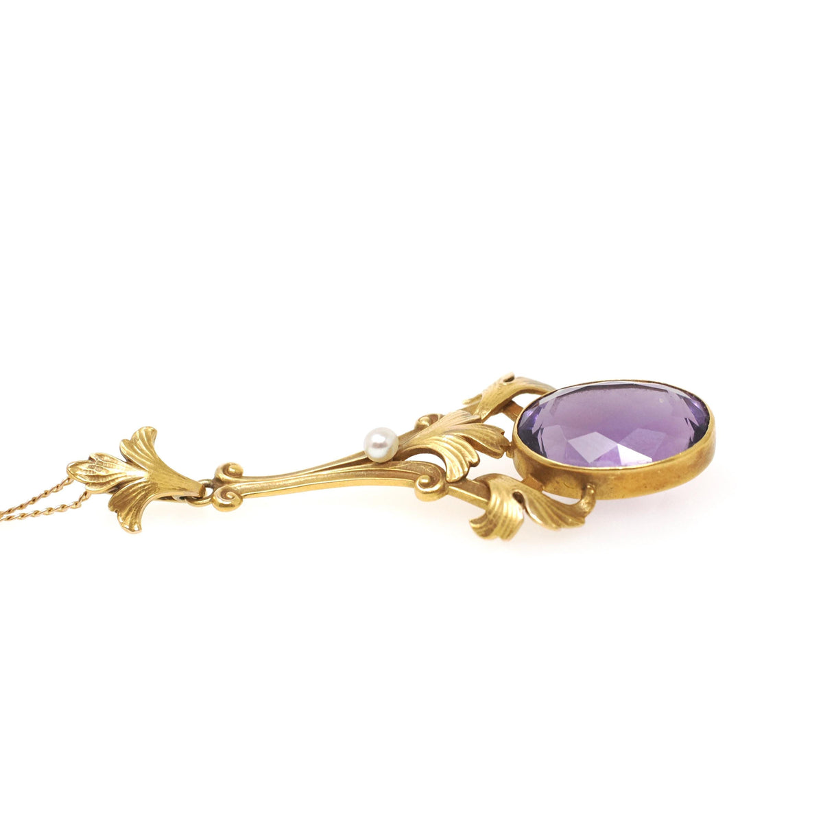 Antique Amethyst Lavalier - Edwardian Era 14k Yellow Gold Natural 5.49 CT Purple Gemstone - Circa 1910s Charm Necklace Pendant Fine Jewelry