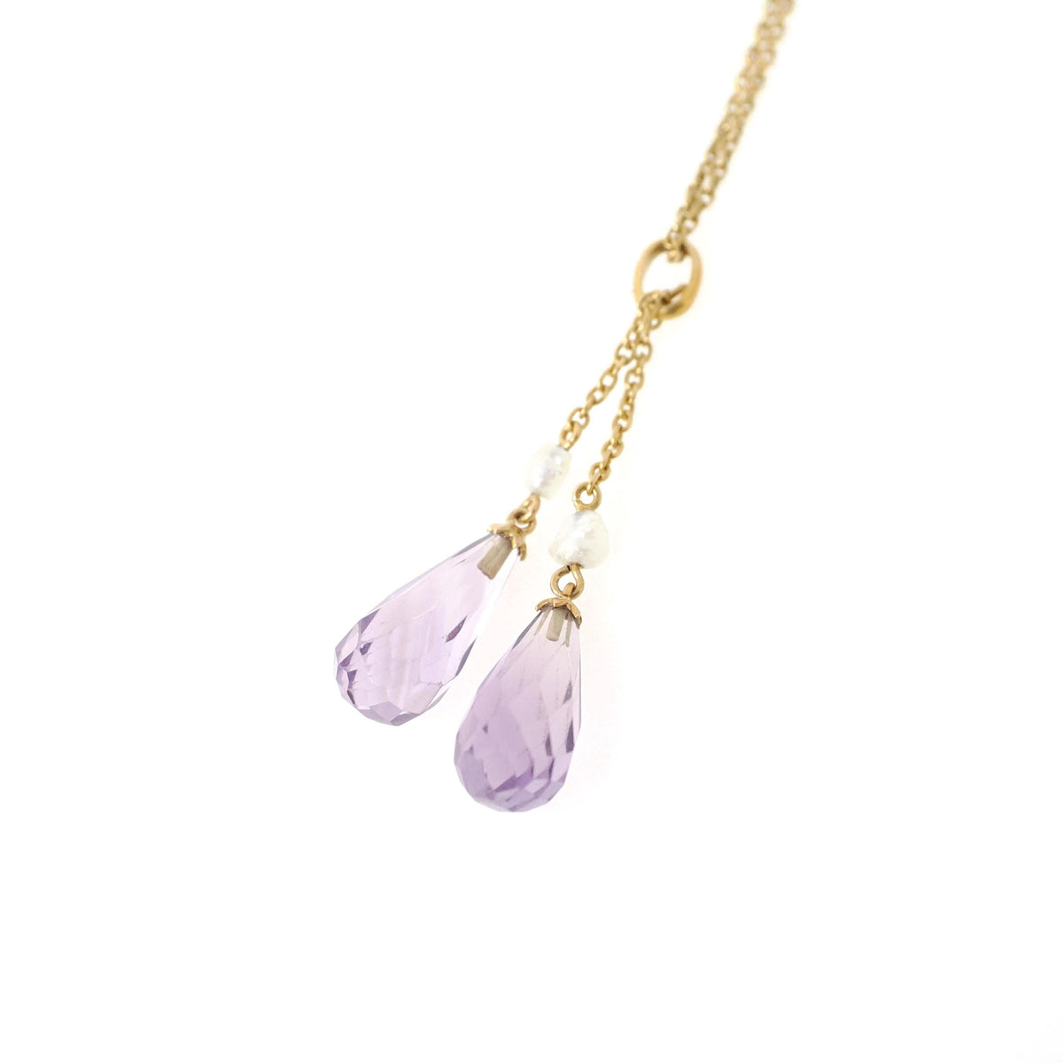 Edwardian Lariat Necklace - Antique 14k & 18k Yellow Gold Amethyst Gemstone Drop Briolettes - Circa 1910s February Birthstone Fine Jewelry