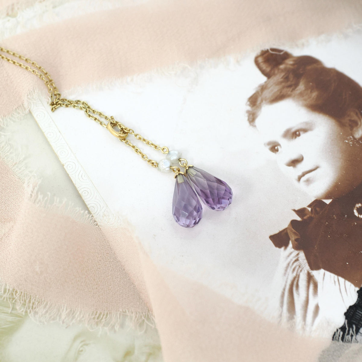 Edwardian Lariat Necklace - Antique 14k & 18k Yellow Gold Amethyst Gemstone Drop Briolettes - Circa 1910s February Birthstone Fine Jewelry